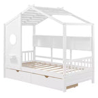 Letto a soppalco doppio in legno con 2 cassetti e ripiano portaoggetti per bambini, bianco