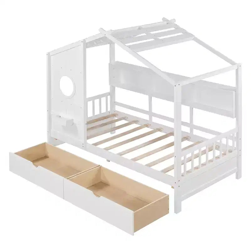Letto a soppalco doppio in legno con 2 cassetti e ripiano portaoggetti per bambini, bianco