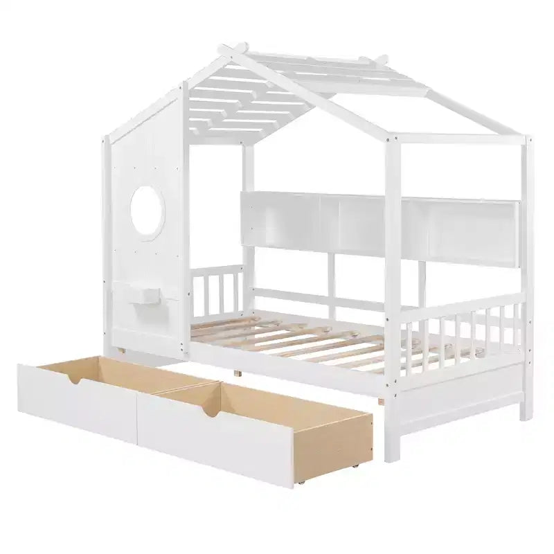 Letto a soppalco doppio in legno con 2 cassetti e ripiano portaoggetti per bambini, bianco