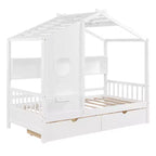 Letto a soppalco doppio in legno con 2 cassetti e ripiano portaoggetti per bambini, bianco
