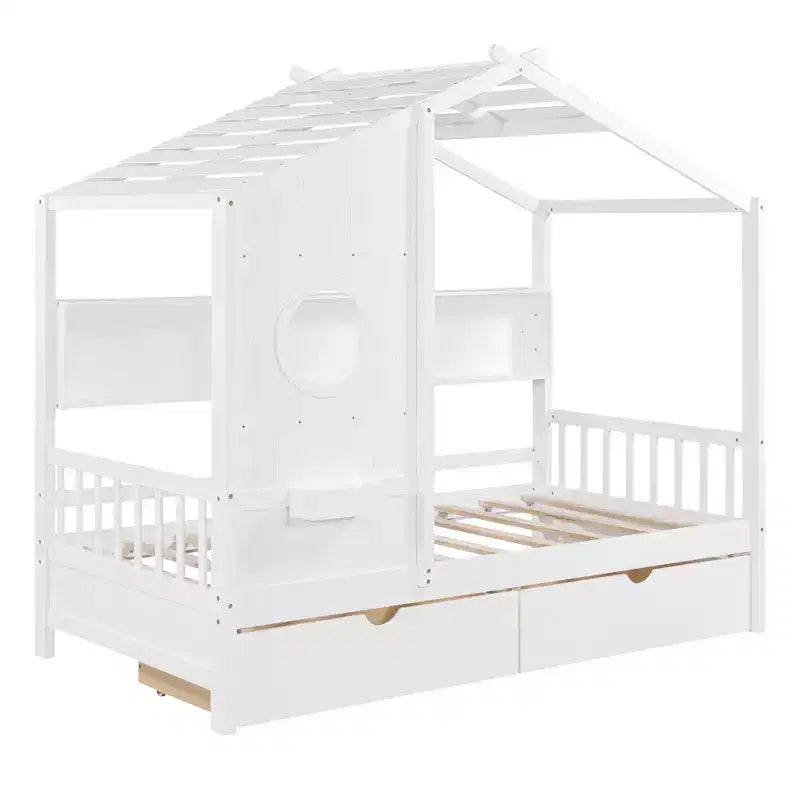 Letto a soppalco doppio in legno con 2 cassetti e ripiano portaoggetti per bambini, bianco