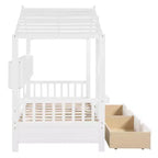 Letto a soppalco doppio in legno con 2 cassetti e ripiano portaoggetti per bambini, bianco