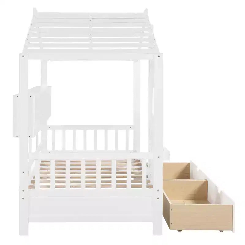 Letto a soppalco doppio in legno con 2 cassetti e ripiano portaoggetti per bambini, bianco