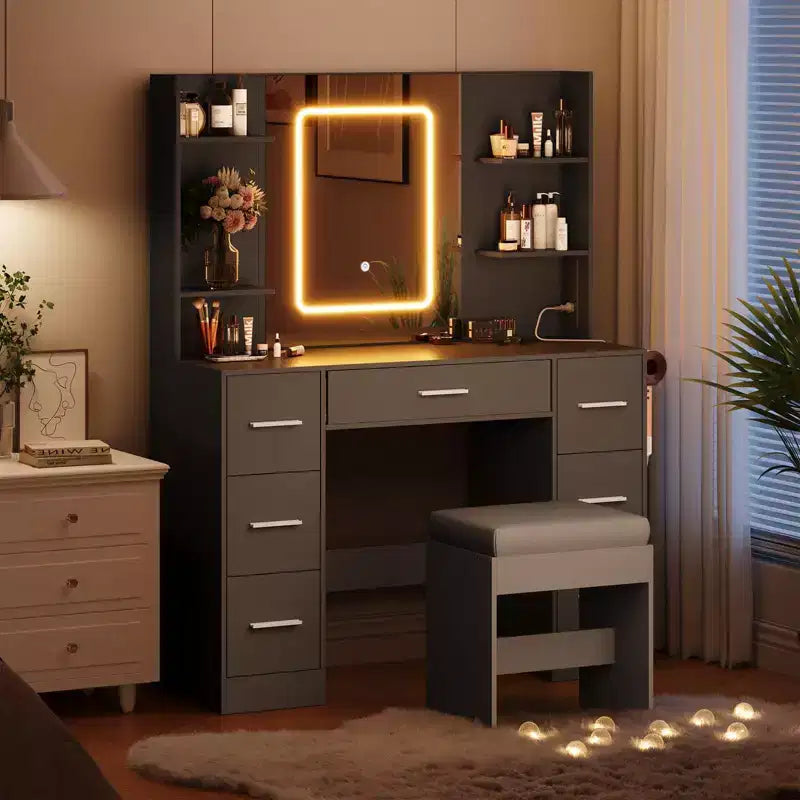 Toeletta con Specchio, Luci, Porta Asciugacapelli e Sgabello Imbottito a 7 Cassetti per Camera da Letto