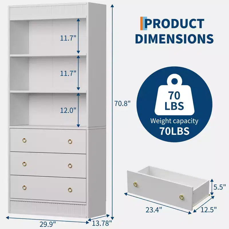 Libreria da Soggiorno con Cassetti, Libreria Alta 180 cm Bianca con Scanalature, Libreria a 6 Ripiani con Contenitore, Scaffale in Legno Ondulato Largo 76 cm