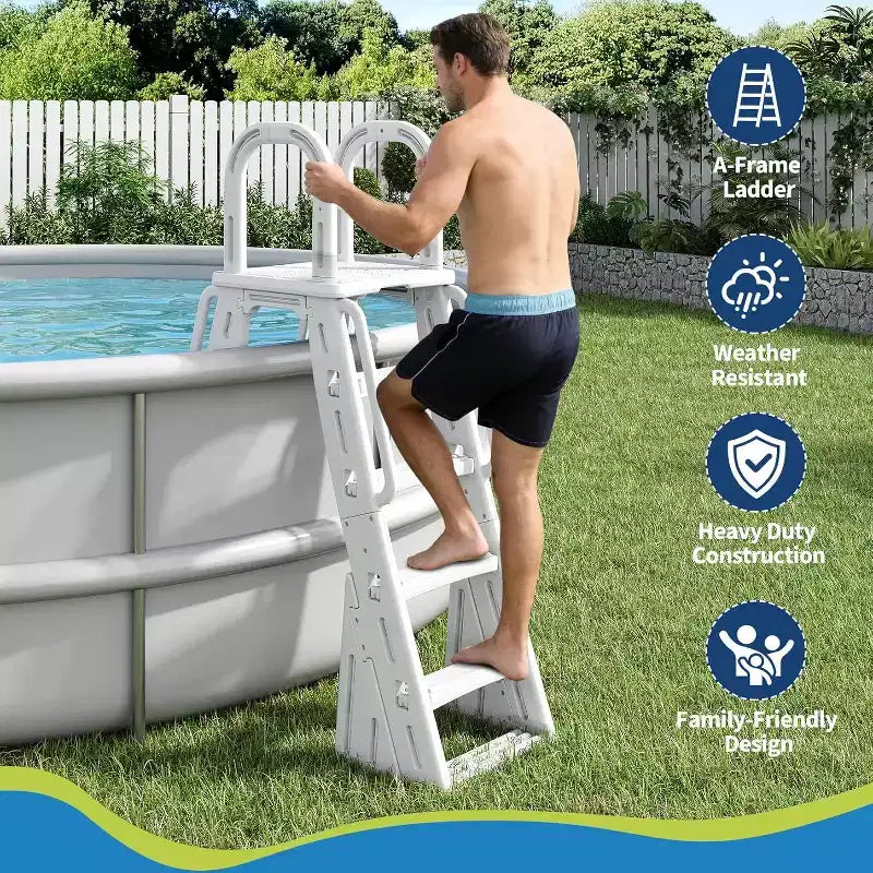 Scala per Piscina Fuoriterra A-Frame in HDPE per Piscine 48-56, Capacità 400 libbre, Gradini Antiscivolo Sicuri, Scale Stabili per Ingresso Piscina con Corrimano e Barriera di Sicurezza