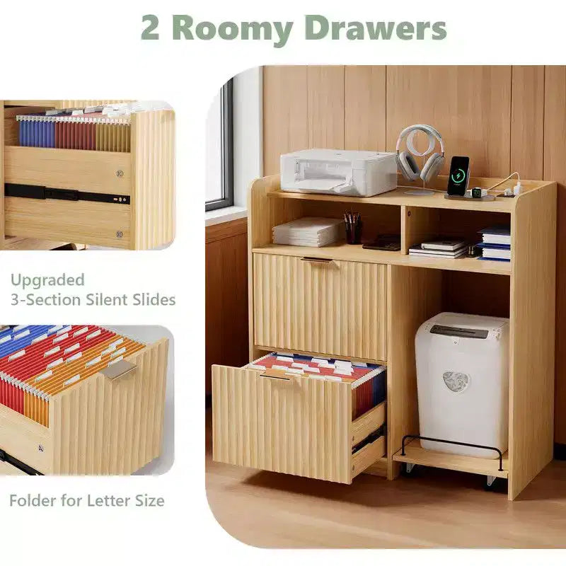 Mobiletto portadocumenti in legno Karl Home a 2 cassetti con carrello laterale mobile, finitura effetto venatura del legno, design scanalato