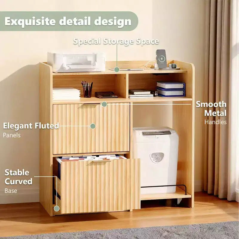 Mobiletto portadocumenti in legno Karl Home a 2 cassetti con carrello laterale mobile, finitura effetto venatura del legno, design scanalato