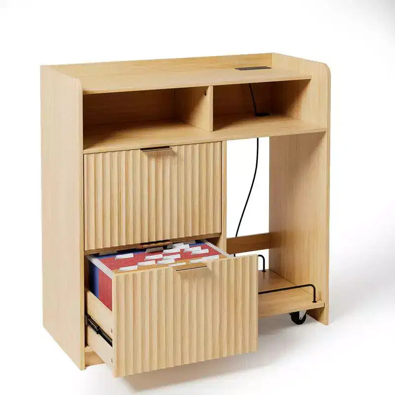 Mobiletto portadocumenti in legno Karl Home a 2 cassetti con carrello laterale mobile, finitura effetto venatura del legno, design scanalato