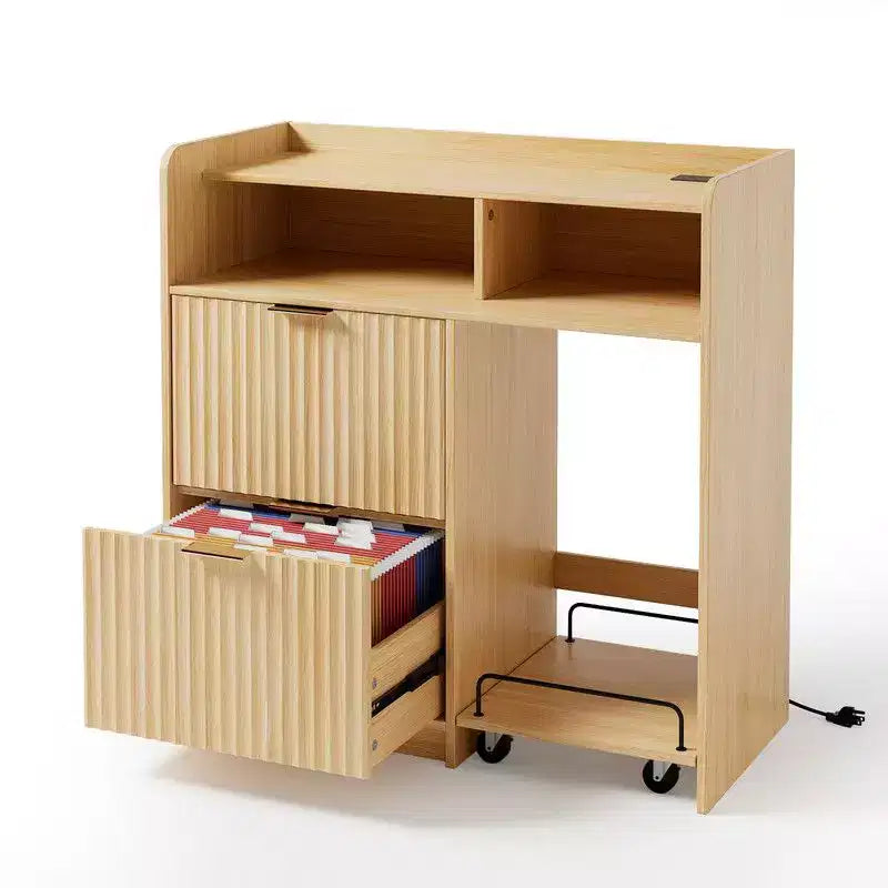 Mobiletto portadocumenti in legno Karl Home a 2 cassetti con carrello laterale mobile, finitura effetto venatura del legno, design scanalato