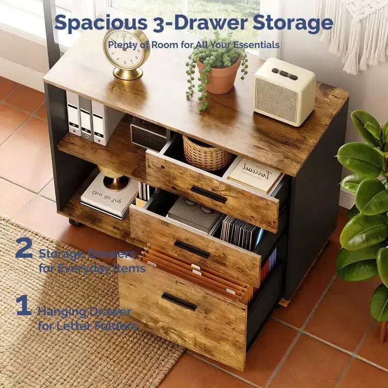 Karl Home Classificatore in legno a 3 cassetti largo 80 cm con tavolino laterale piano