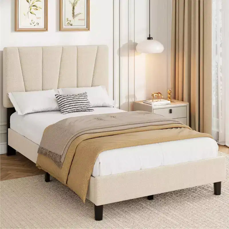 Modern Upholstered Platform Twin Bed  Adjustable Headboard, Wooden Slats  No Box Spring, Easy Assembly  Twin Sizes  Bedroom Furniture