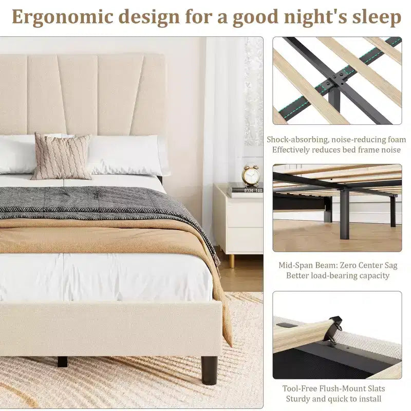 Letto da Piattaforma Moderno Imbottito per Una Piazza con Testiera Regolabile, Doghe in Legno, Nessun Box Spring Necessario, Facile Montaggio, Mobili da Camera da Letto per Letti Singoli