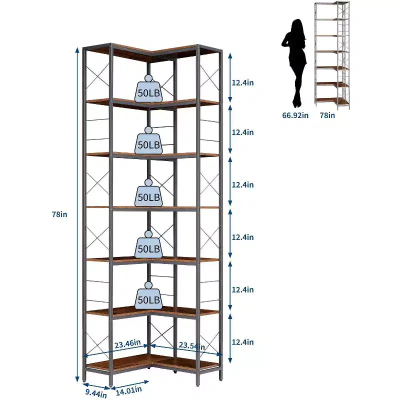 Libreria ad angolo industriale a 7 ripiani, grande libreria in legno e metallo, scaffale portaoggetti da esposizione autoportante per soggiorno, cucina e ufficio domestico