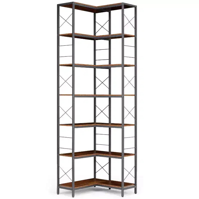 Libreria ad angolo industriale a 7 ripiani, grande libreria in legno e metallo, scaffale portaoggetti da esposizione autoportante per soggiorno, cucina e ufficio domestico
