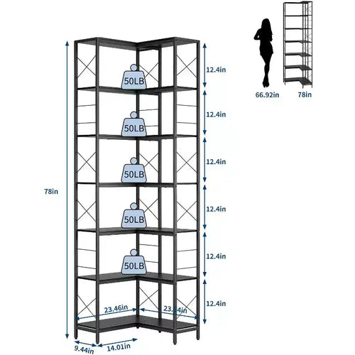 Libreria ad angolo industriale a 7 ripiani, grande libreria in legno e metallo, scaffale portaoggetti da esposizione autoportante per soggiorno, cucina e ufficio domestico