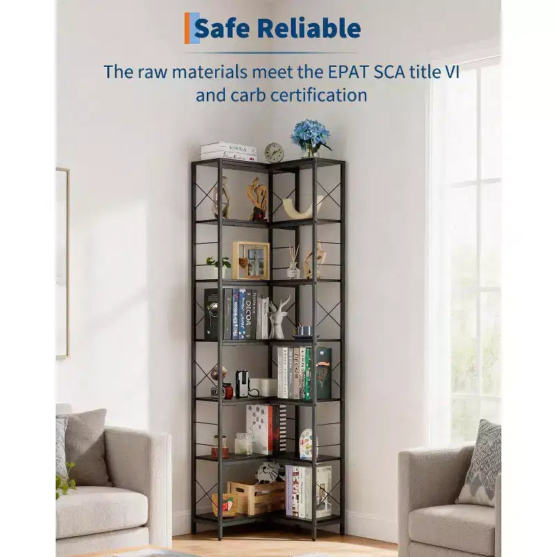 Libreria ad angolo industriale a 7 ripiani, grande libreria in legno e metallo, scaffale portaoggetti da esposizione autoportante per soggiorno, cucina e ufficio domestico