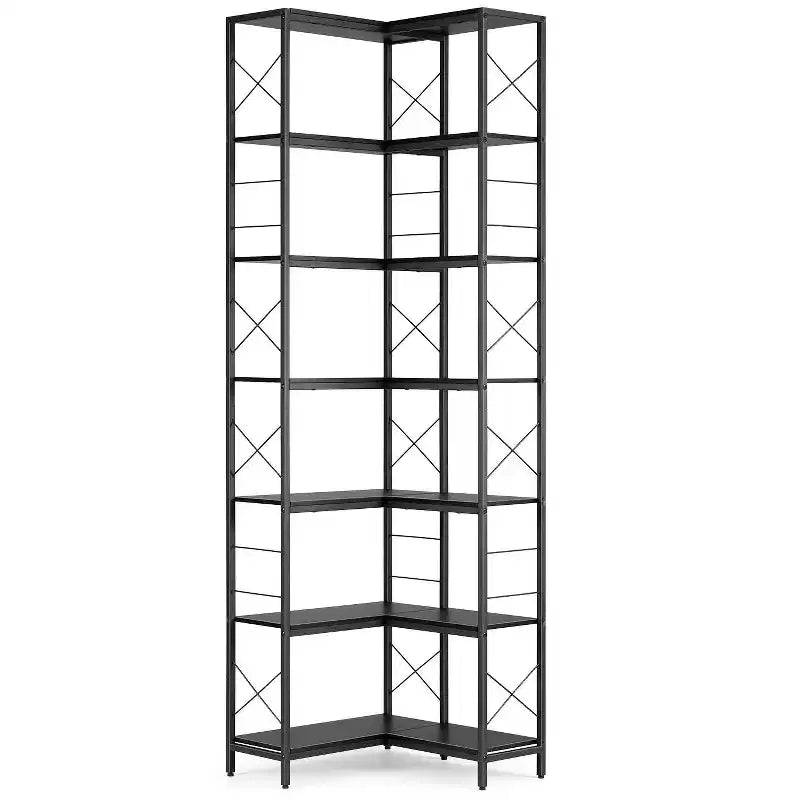 Libreria ad angolo industriale a 7 ripiani, grande libreria in legno e metallo, scaffale portaoggetti da esposizione autoportante per soggiorno, cucina e ufficio domestico