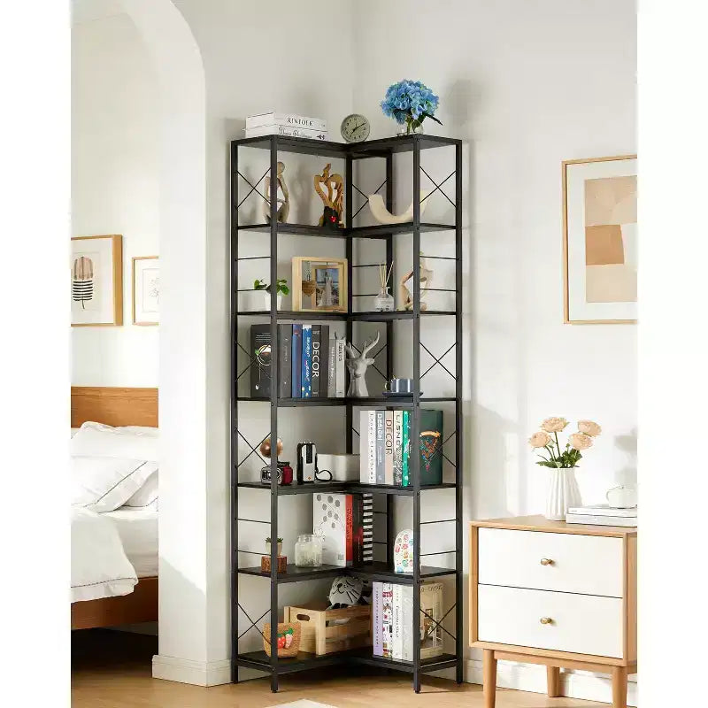 7-Tier Industrial Corner Bookshelf, Large Wood & Metal Bookcase, Freestanding Display Storage Rack for Living Room, Kitchen & Home Office