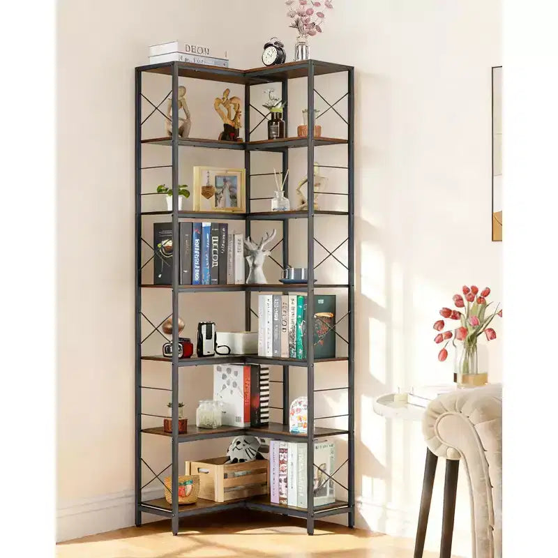 Libreria ad angolo industriale a 7 ripiani, grande libreria in legno e metallo, scaffale portaoggetti da esposizione autoportante per soggiorno, cucina e ufficio domestico