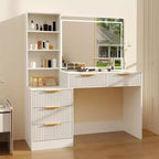48 Big Vanity Table, Fluted Makeup Desk with Large 36 Mirror, 5 Storage Drawers & Glass Top, Modern Oak Dressing Table Set
