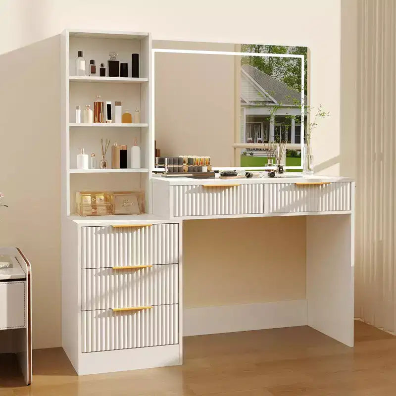 48 Big Vanity Table, Fluted Makeup Desk with Large 36 Mirror, 5 Storage Drawers & Glass Top, Modern Oak Dressing Table Set