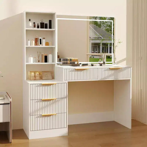 48 Big Vanity Table, Fluted Makeup Desk with Large 36 Mirror, 5 Storage Drawers & Glass Top, Modern Oak Dressing Table Set