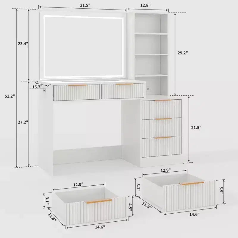 Grande toeletta da 48 pollici, scrivania per trucco scanalata con grande specchio da 36 pollici, 5 cassetti portaoggetti e ripiano in vetro, set moderno di toeletta in rovere