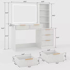 Grande toeletta da 48 pollici, scrivania per trucco scanalata con grande specchio da 36 pollici, 5 cassetti portaoggetti e ripiano in vetro, set moderno di toeletta in rovere