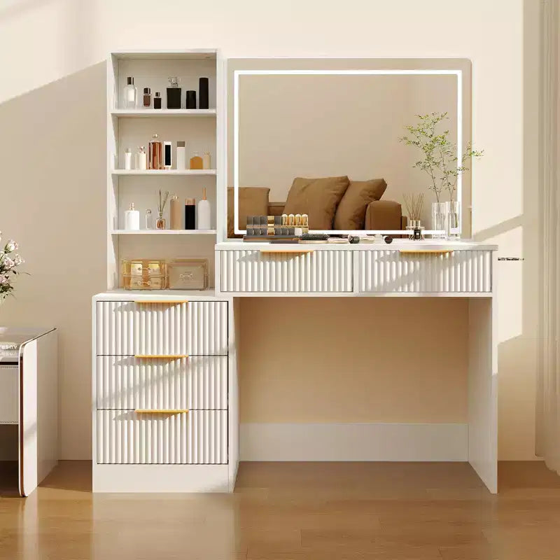 Grande toeletta da 48 pollici, scrivania per trucco scanalata con grande specchio da 36 pollici, 5 cassetti portaoggetti e ripiano in vetro, set moderno di toeletta in rovere