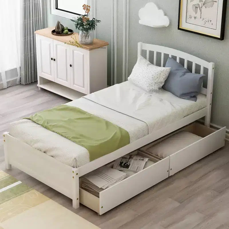 FAMYYT Letto a piattaforma in legno matrimoniale con 2 cassetti portaoggetti, facile da montare