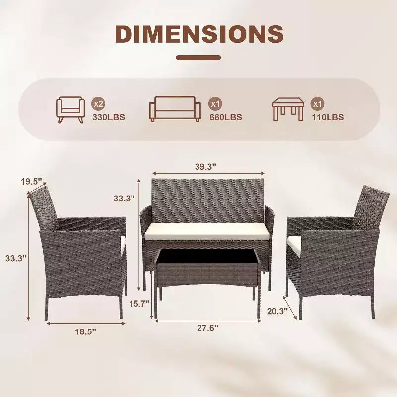 Set da 4 mobili da esterno per patio, mobili in vimini rattan con morbidi cuscini e tavolino da caffè in vetro temperato, set da patio per tutte le stagioni