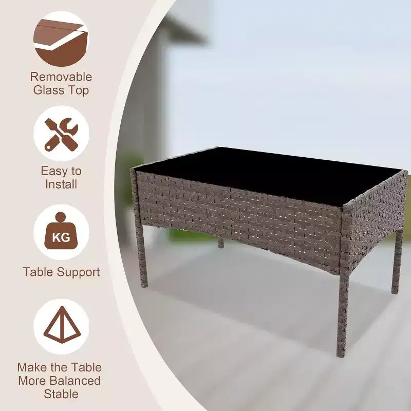 Set da 4 mobili da esterno per patio, mobili in vimini rattan con morbidi cuscini e tavolino da caffè in vetro temperato, set da patio per tutte le stagioni