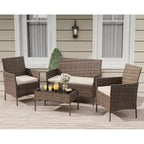 Set da 4 mobili da esterno per patio, mobili in vimini rattan con morbidi cuscini e tavolino da caffè in vetro temperato, set da patio per tutte le stagioni