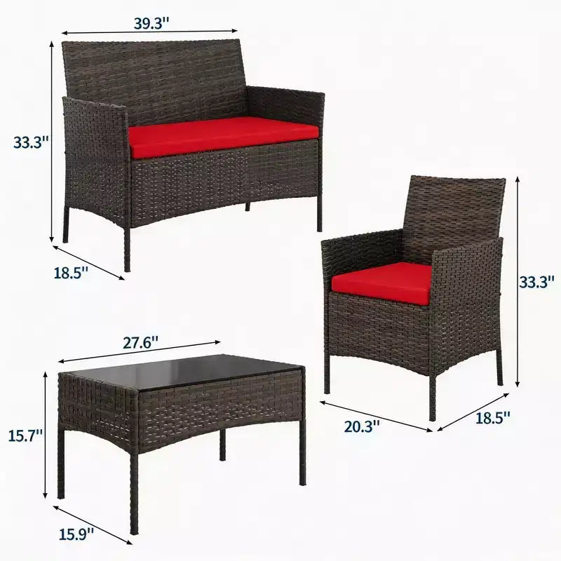 Set da 4 mobili da esterno per patio, mobili in vimini rattan con morbidi cuscini e tavolino da caffè in vetro temperato, set da patio per tutte le stagioni