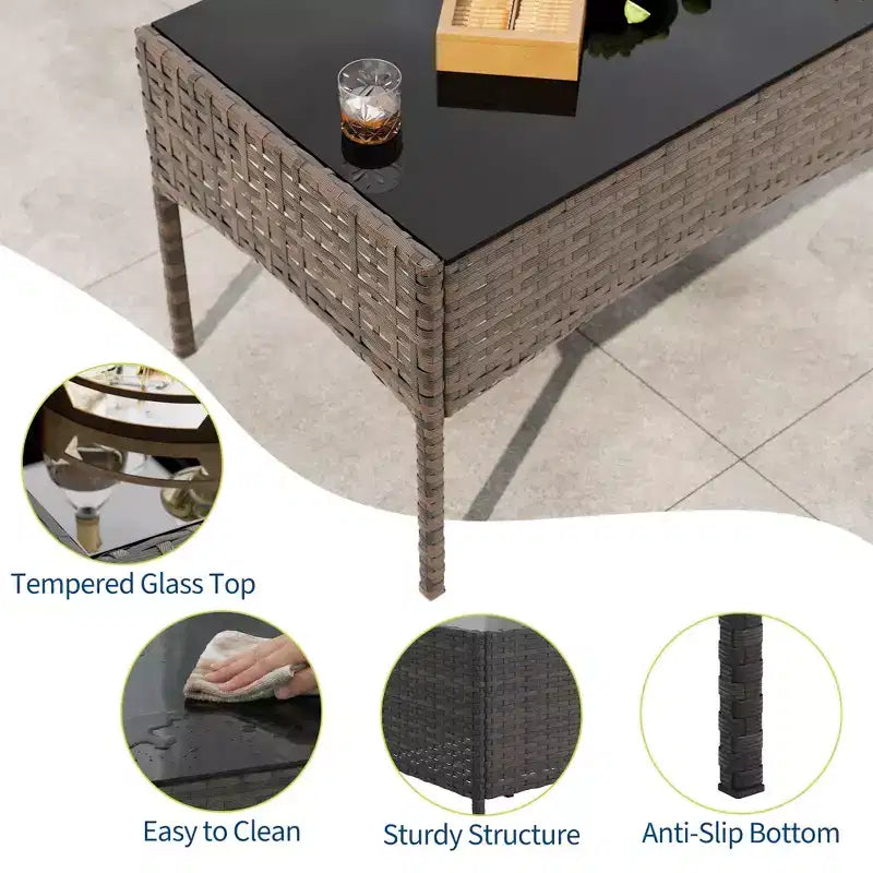 Set da 4 mobili da esterno per patio, mobili in vimini rattan con morbidi cuscini e tavolino da caffè in vetro temperato, set da patio per tutte le stagioni