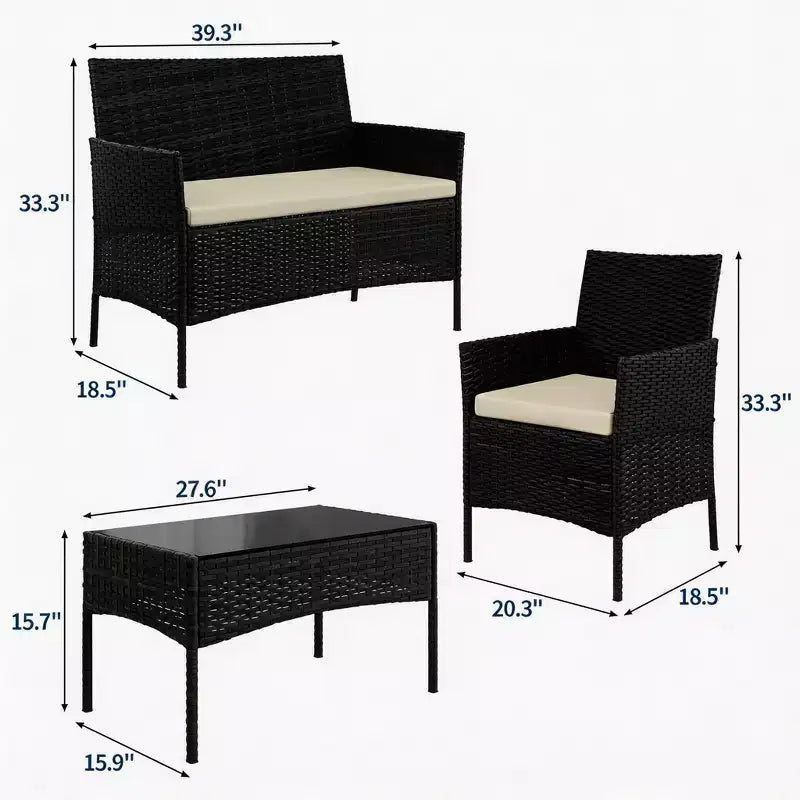 Set da 4 mobili da esterno per patio, mobili in vimini rattan con morbidi cuscini e tavolino da caffè in vetro temperato, set da patio per tutte le stagioni