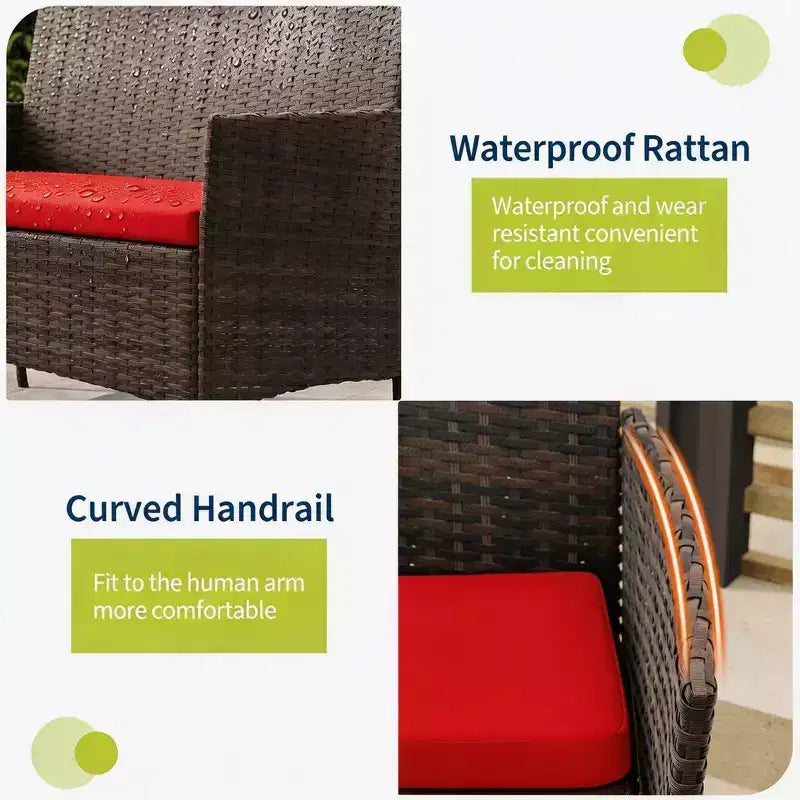 Set da 4 mobili da esterno per patio, mobili in vimini rattan con morbidi cuscini e tavolino da caffè in vetro temperato, set da patio per tutte le stagioni