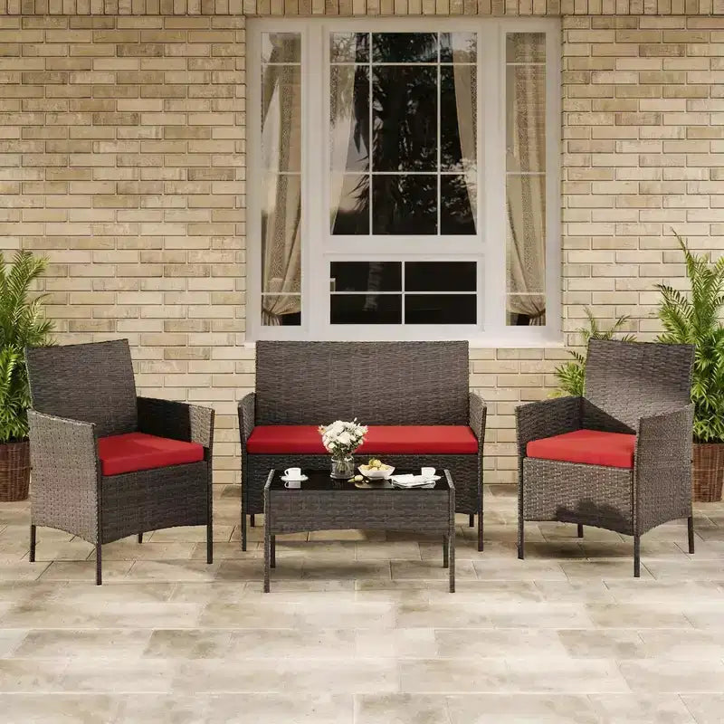 Set da 4 mobili da esterno per patio, mobili in vimini rattan con morbidi cuscini e tavolino da caffè in vetro temperato, set da patio per tutte le stagioni