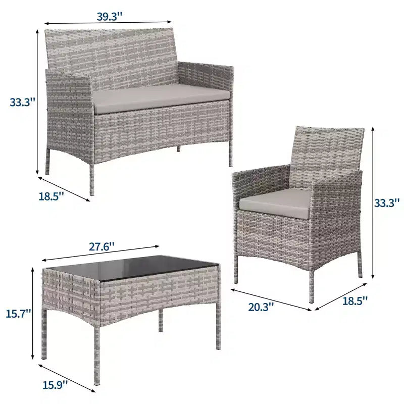 Set da 4 mobili da esterno per patio, mobili in vimini rattan con morbidi cuscini e tavolino da caffè in vetro temperato, set da patio per tutte le stagioni