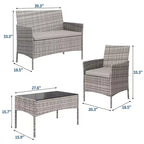 Set da 4 mobili da esterno per patio, mobili in vimini rattan con morbidi cuscini e tavolino da caffè in vetro temperato, set da patio per tutte le stagioni