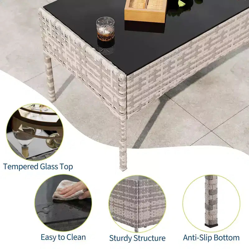 Set da 4 mobili da esterno per patio, mobili in vimini rattan con morbidi cuscini e tavolino da caffè in vetro temperato, set da patio per tutte le stagioni