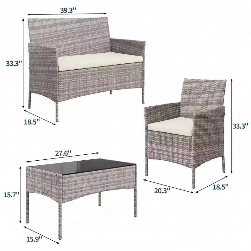 Set da 4 mobili da esterno per patio, mobili in vimini rattan con morbidi cuscini e tavolino da caffè in vetro temperato, set da patio per tutte le stagioni