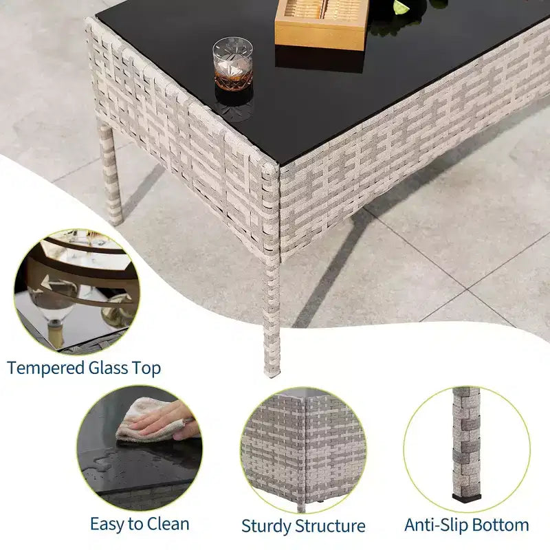 Set da 4 mobili da esterno per patio, mobili in vimini rattan con morbidi cuscini e tavolino da caffè in vetro temperato, set da patio per tutte le stagioni
