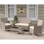Set da 4 mobili da esterno per patio, mobili in vimini rattan con morbidi cuscini e tavolino da caffè in vetro temperato, set da patio per tutte le stagioni
