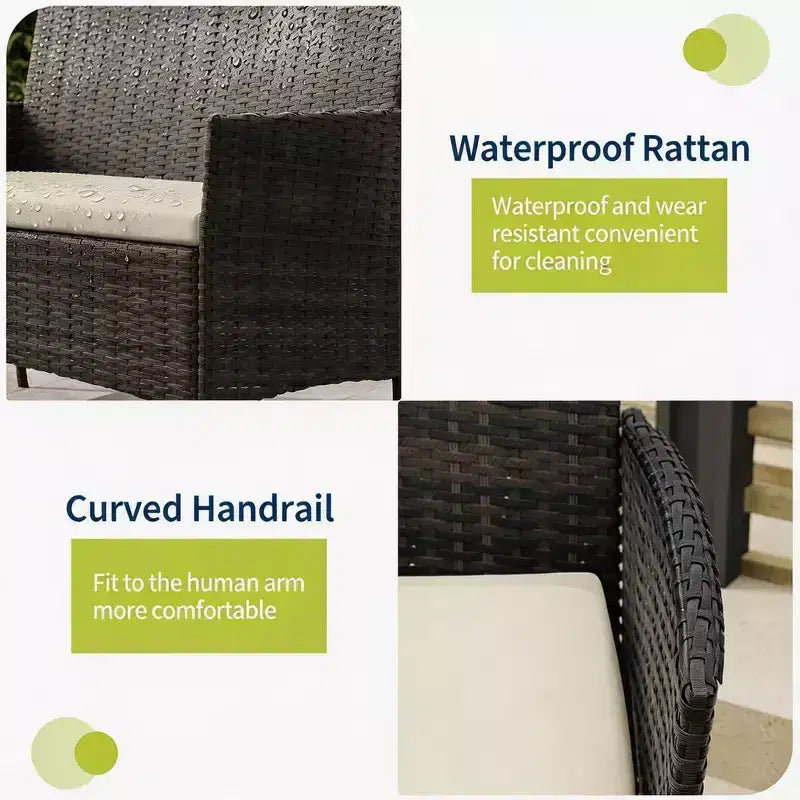 Set da 4 mobili da esterno per patio, mobili in vimini rattan con morbidi cuscini e tavolino da caffè in vetro temperato, set da patio per tutte le stagioni