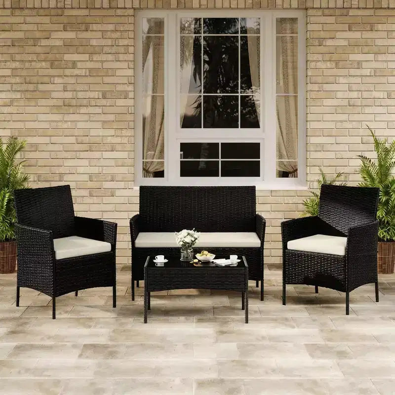 Set da 4 mobili da esterno per patio, mobili in vimini rattan con morbidi cuscini e tavolino da caffè in vetro temperato, set da patio per tutte le stagioni