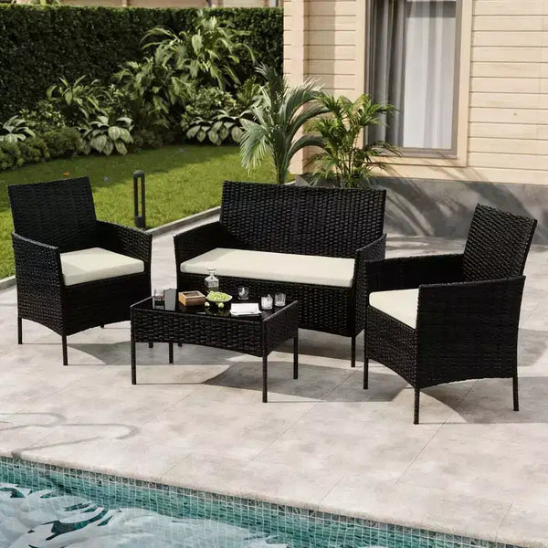 4-Piece Outdoor Patio Furniture Set,Rattan Wicker Furniture with Soft Cushions & Tempered Glass Coffee Table All-Weather Patio Set