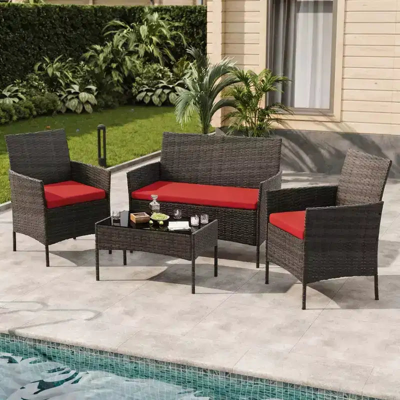 Set da 4 mobili da esterno per patio, mobili in vimini rattan con morbidi cuscini e tavolino da caffè in vetro temperato, set da patio per tutte le stagioni