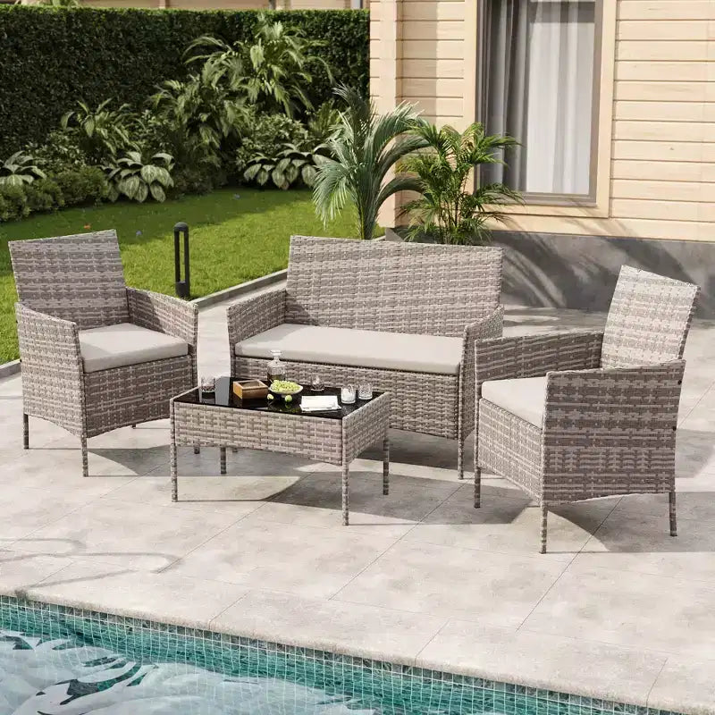 Set da 4 mobili da esterno per patio, mobili in vimini rattan con morbidi cuscini e tavolino da caffè in vetro temperato, set da patio per tutte le stagioni